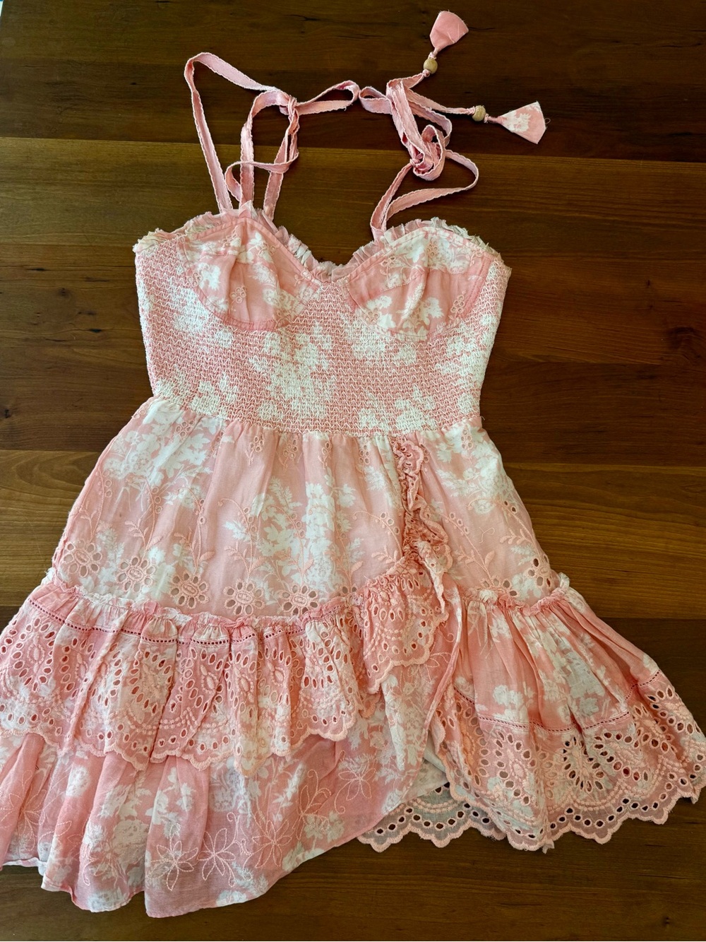 LOVESHACKFANCY Peachy Pink Ruffle smocked Mini Silk tie straps size small EUC